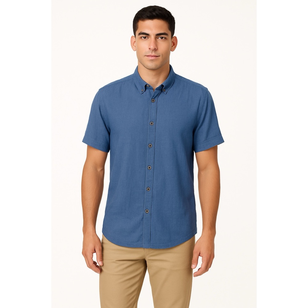 Report Collection Men’s Blue Short Sleeve Casual Button Front Shirt, Size‎ L